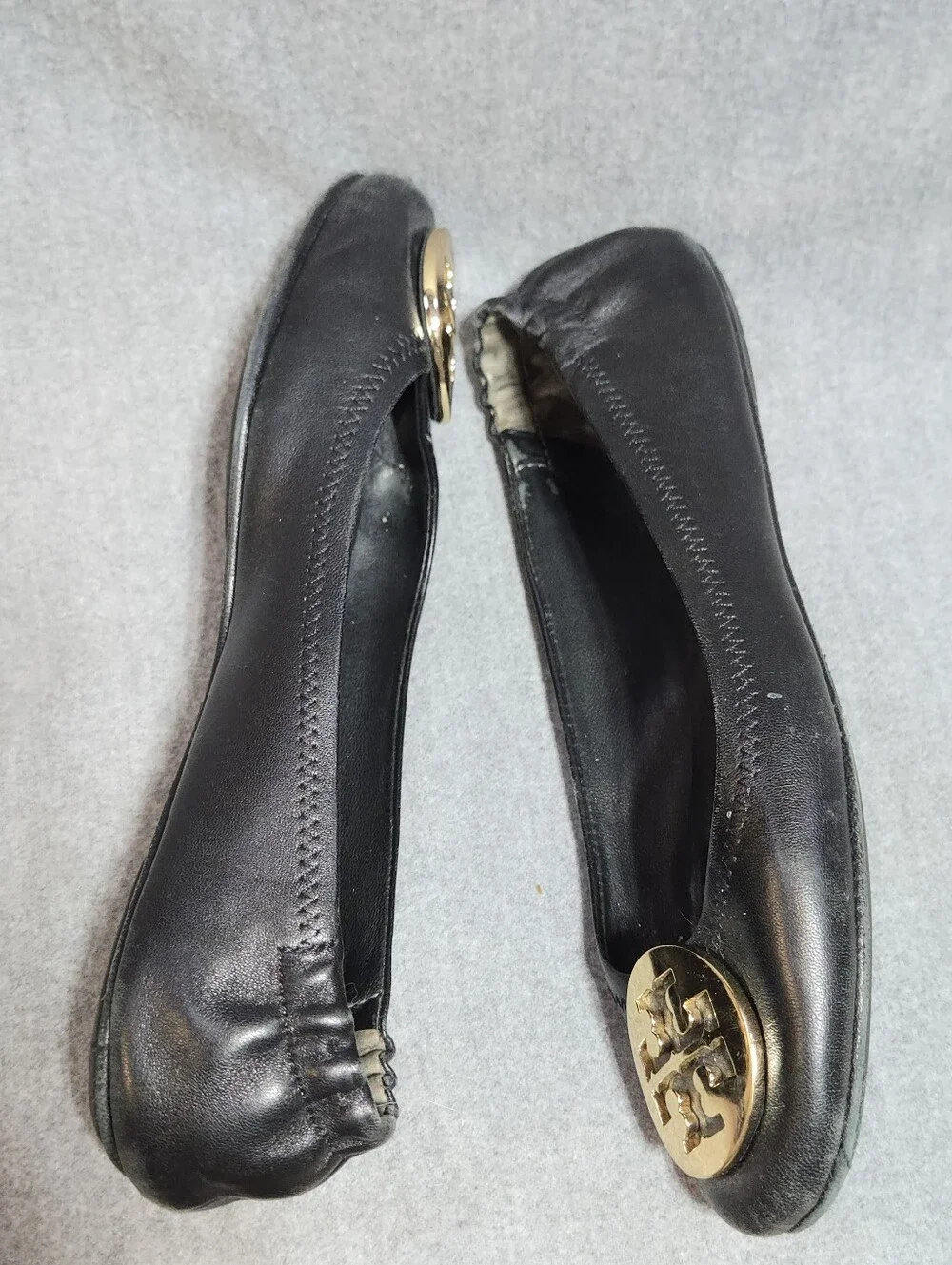 ​Tory Burch Reva Ballet Flats Black Leather With Gold Medallion Logo